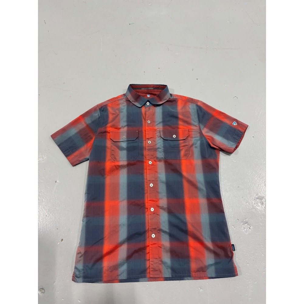 Kuhl Mens Small Short Sleeve Button Down Shirt Red Blue Plaid‎ Hiking Outdoor